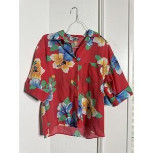 Vintage Pineapple Connection Hawaiian Shirt Red Hibiscus Yellow Blue small